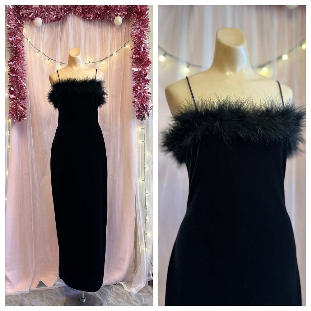 Vintage 90s Faux Feather Trimmed Velvet Maxi Dress Black Strappy Evening Prom S